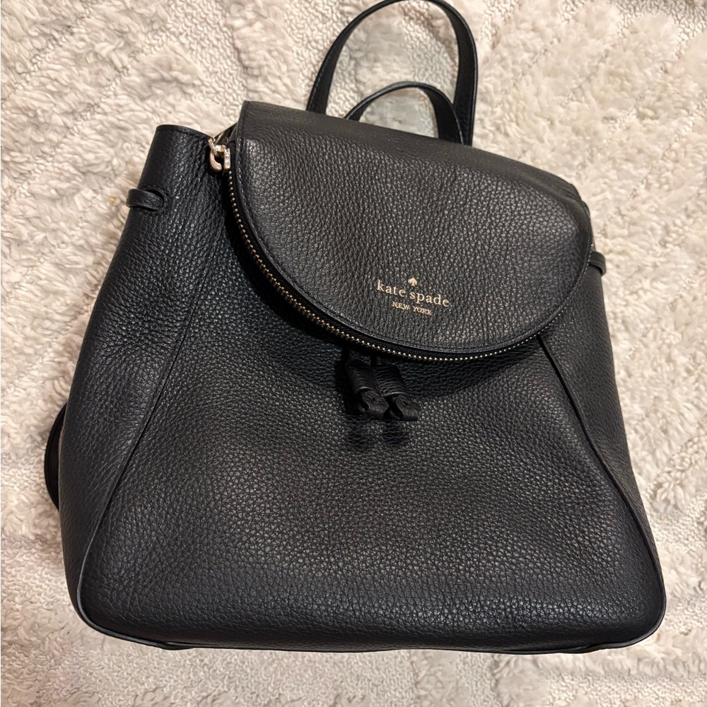Kate Spade Black Pebbled Leather Backpack with flap
